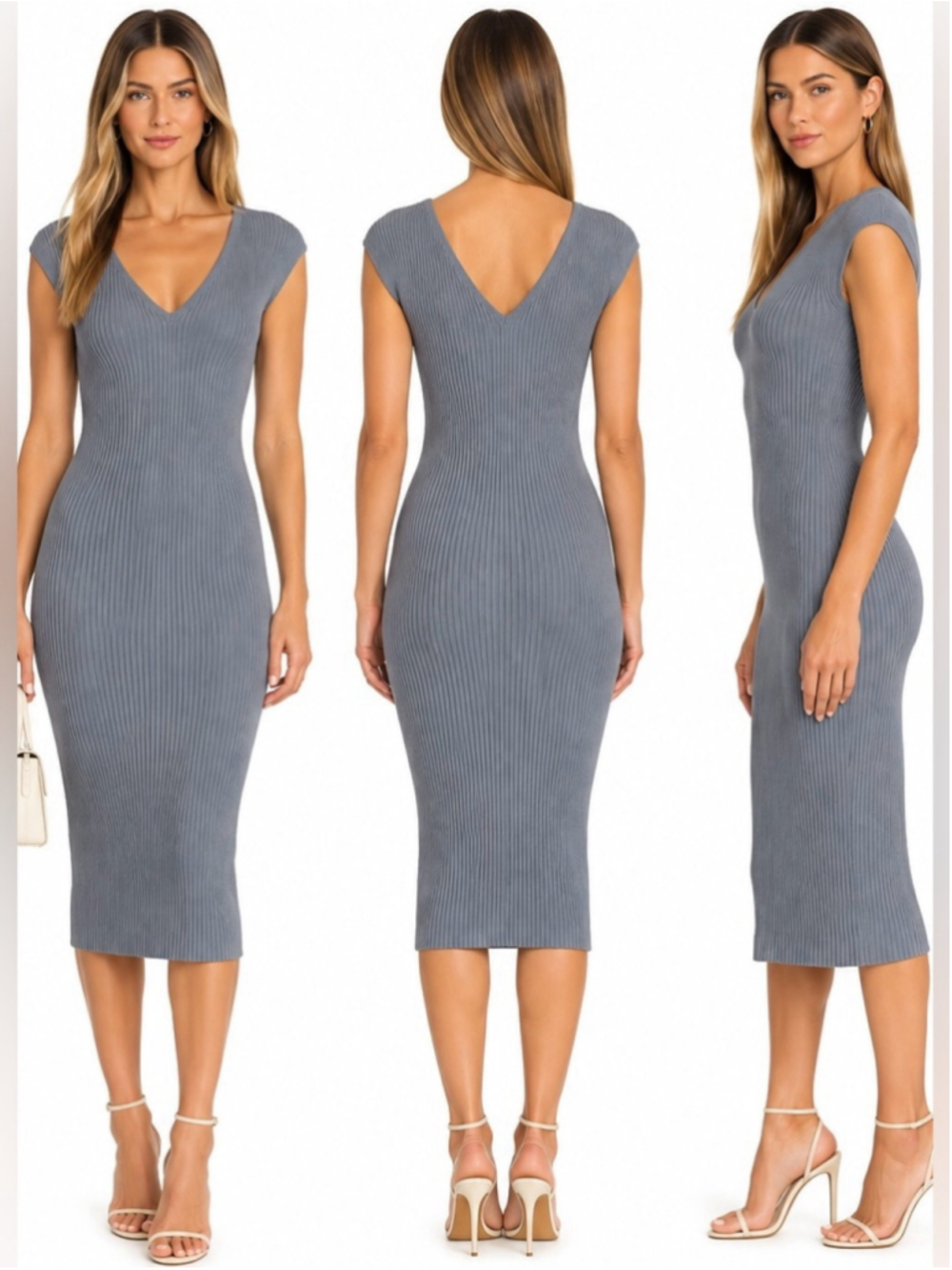 Club Monaco Grey Ribbed Knit V-Neck Maxi Dress S